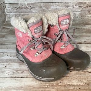 North Face Girls Vintage Pink Suede Lace up Fur lined Snow/rain Winter Boots 2